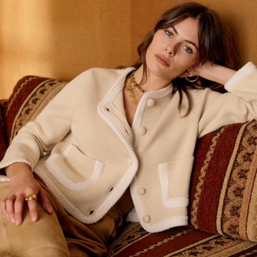 Sezane Cream Textured Cropped Cardigan